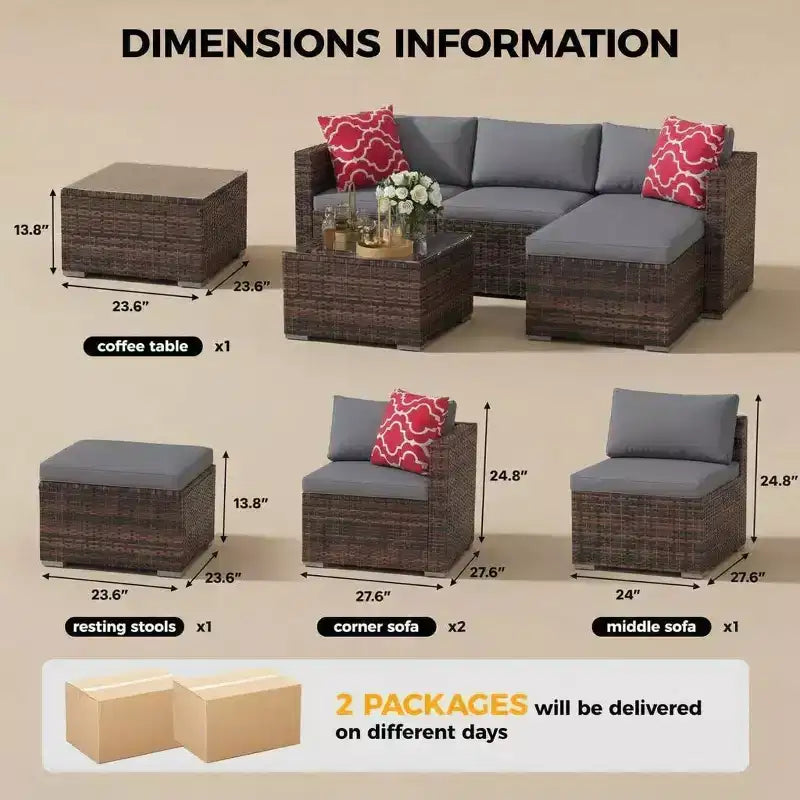 Ensemble de mobilier de patio 5 pièces, canapé d'angle en osier tout temps avec coussins antidérapants, ensemble de canapé d'extérieur en rotin avec pouf.