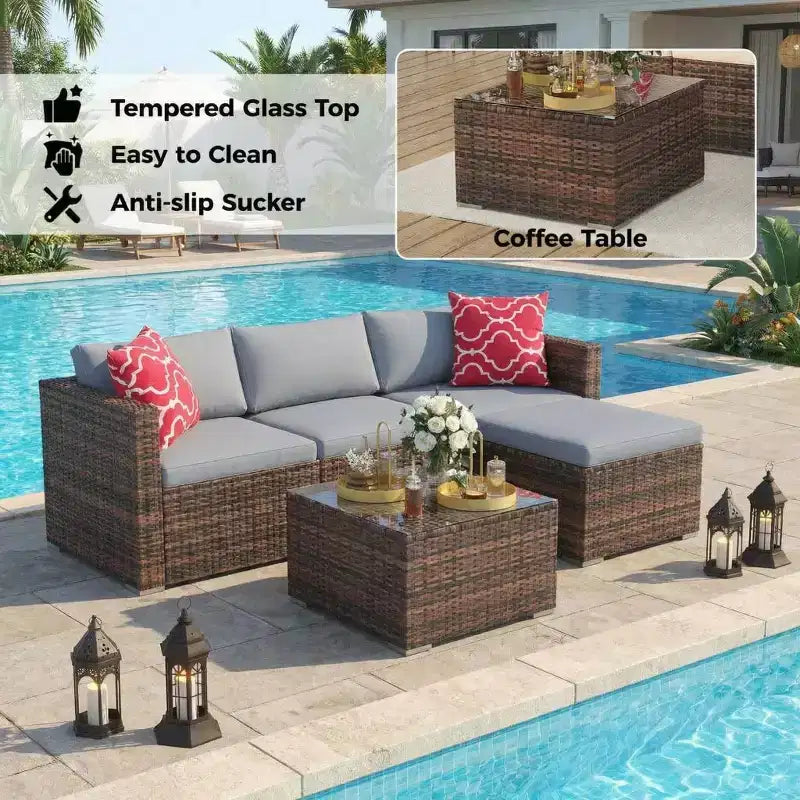 Ensemble de mobilier de patio 5 pièces, canapé d'angle en osier tout temps avec coussins antidérapants, ensemble de canapé d'extérieur en rotin avec pouf.