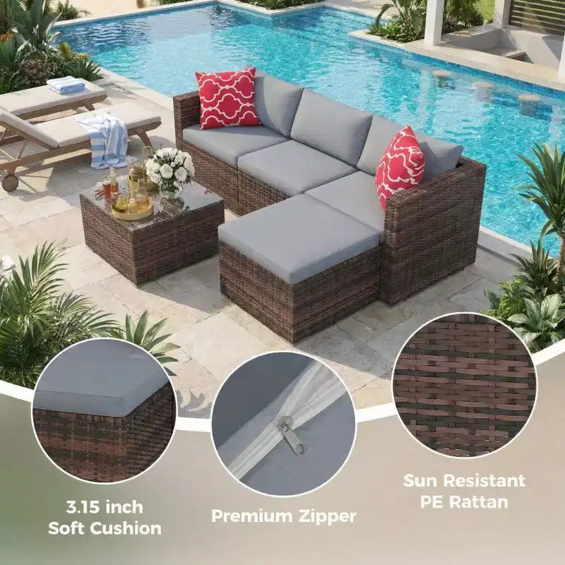 Ensemble de mobilier de patio 5 pièces, canapé d'angle en osier tout temps avec coussins antidérapants, ensemble de canapé d'extérieur en rotin avec pouf.