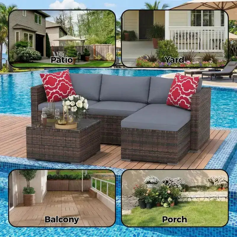 Ensemble de mobilier de patio 5 pièces, canapé d'angle en osier tout temps avec coussins antidérapants, ensemble de canapé d'extérieur en rotin avec pouf.