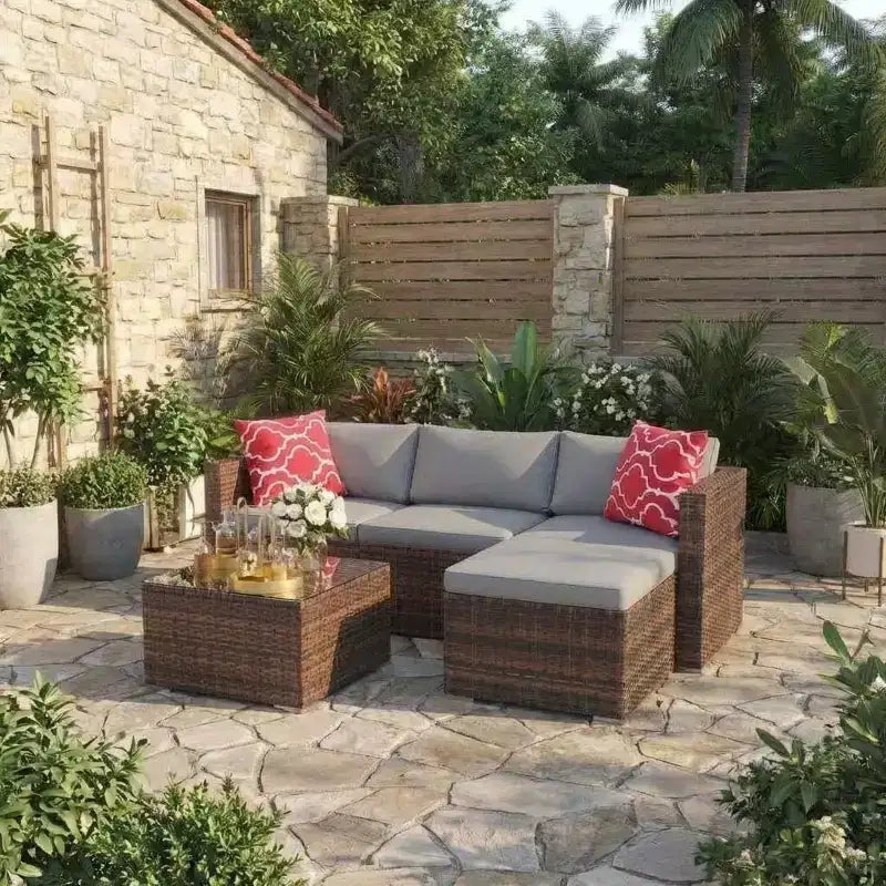 Ensemble de mobilier de patio 5 pièces, canapé d'angle en osier tout temps avec coussins antidérapants, ensemble de canapé d'extérieur en rotin avec pouf.