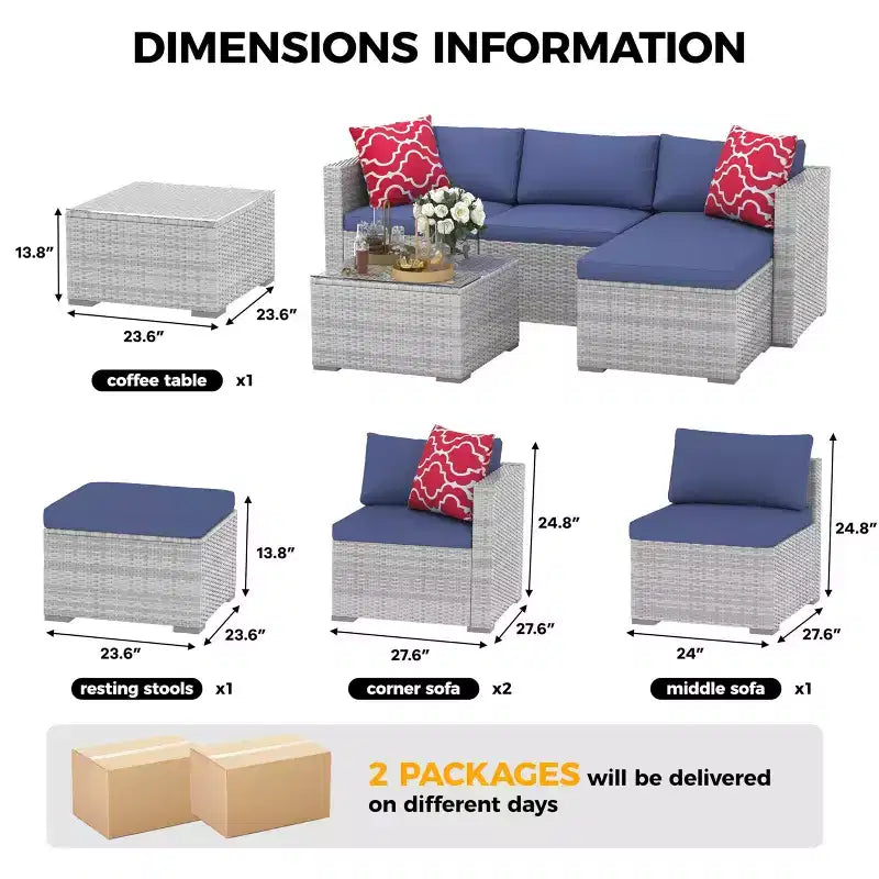 Ensemble de mobilier de patio 5 pièces, canapé d'angle en osier tout temps avec coussins antidérapants, ensemble de canapé d'extérieur en rotin avec pouf.