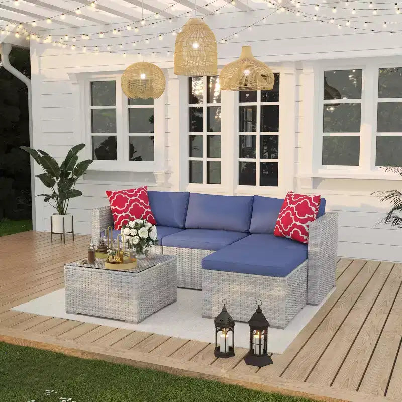 Ensemble de mobilier de patio 5 pièces, canapé d'angle en osier tout temps avec coussins antidérapants, ensemble de canapé d'extérieur en rotin avec pouf.