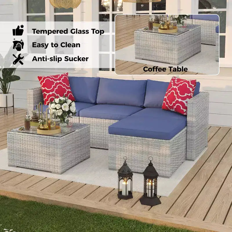 Ensemble de mobilier de patio 5 pièces, canapé d'angle en osier tout temps avec coussins antidérapants, ensemble de canapé d'extérieur en rotin avec pouf.