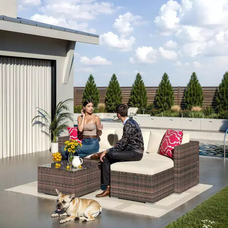 Ensemble de mobilier de patio 5 pièces, canapé d'angle en osier tout temps avec coussins antidérapants, ensemble de canapé d'extérieur en rotin avec pouf.