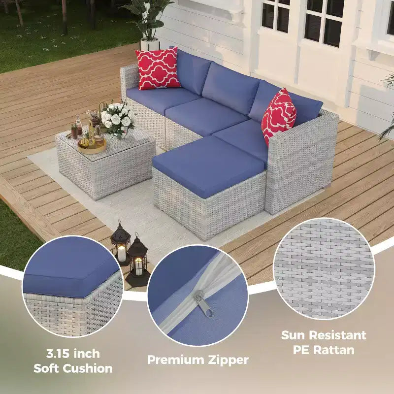 Ensemble de mobilier de patio 5 pièces, canapé d'angle en osier tout temps avec coussins antidérapants, ensemble de canapé d'extérieur en rotin avec pouf.