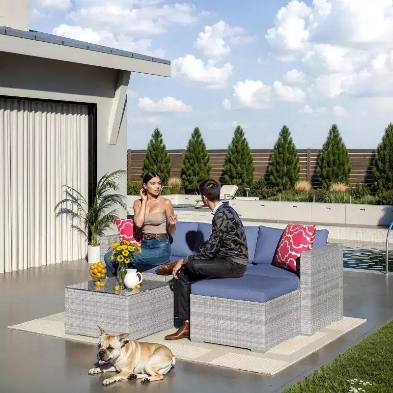 Ensemble de mobilier de patio 5 pièces, canapé d'angle en osier tout temps avec coussins antidérapants, ensemble de canapé d'extérieur en rotin avec pouf.