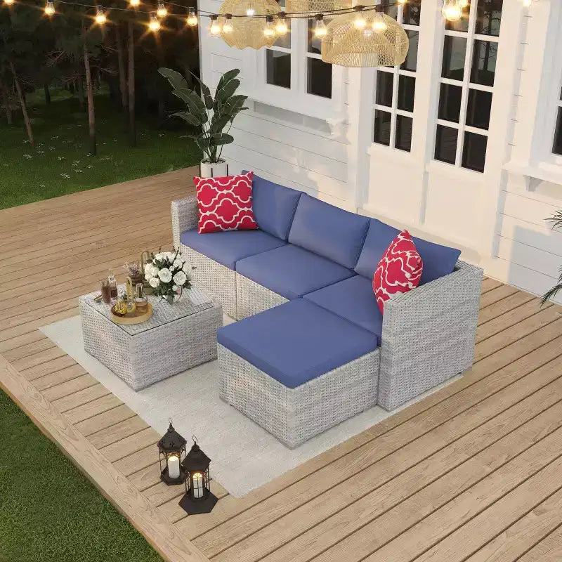 Ensemble de mobilier de patio 5 pièces, canapé d'angle en osier tout temps avec coussins antidérapants, ensemble de canapé d'extérieur en rotin avec pouf.