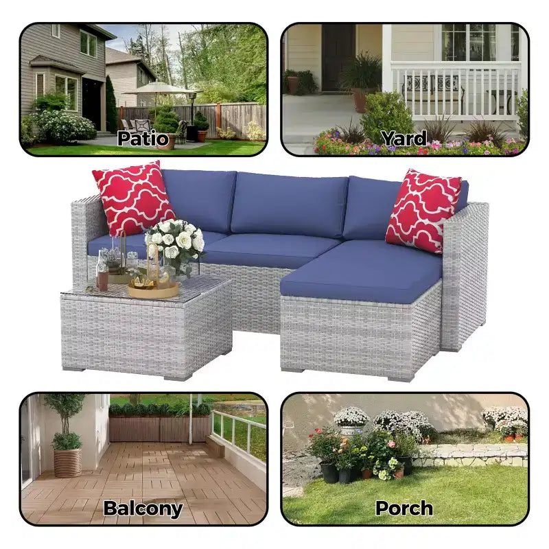 Ensemble de mobilier de patio 5 pièces, canapé d'angle en osier tout temps avec coussins antidérapants, ensemble de canapé d'extérieur en rotin avec pouf.