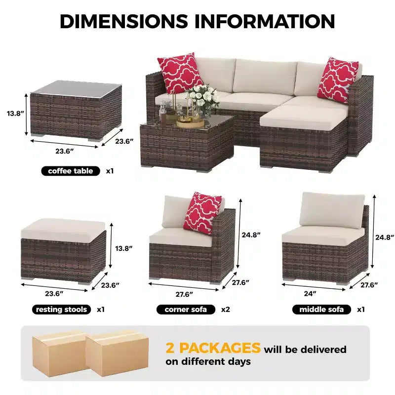 Ensemble de mobilier de patio 5 pièces, canapé d'angle en osier tout temps avec coussins antidérapants, ensemble de canapé d'extérieur en rotin avec pouf.