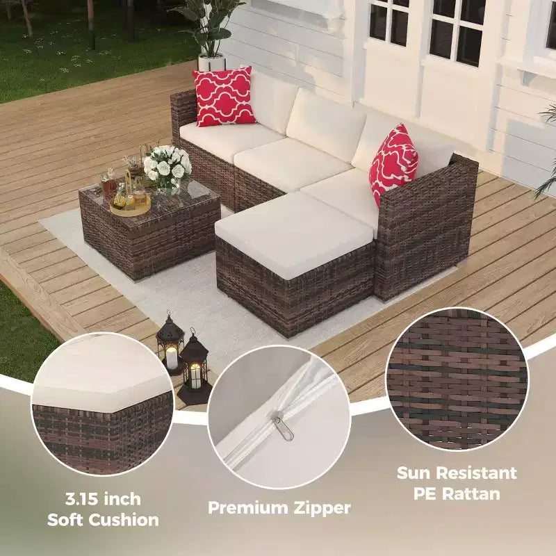 Ensemble de mobilier de patio 5 pièces, canapé d'angle en osier tout temps avec coussins antidérapants, ensemble de canapé d'extérieur en rotin avec pouf.