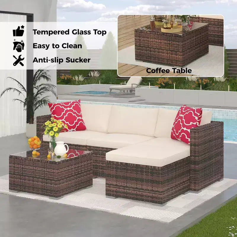Ensemble de mobilier de patio 5 pièces, canapé d'angle en osier tout temps avec coussins antidérapants, ensemble de canapé d'extérieur en rotin avec pouf.