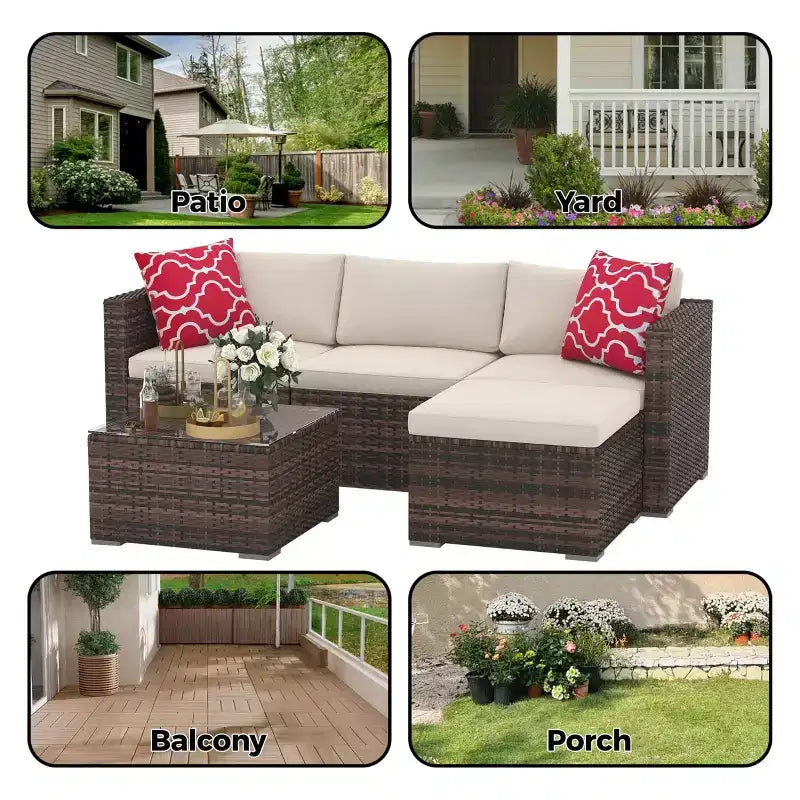 Ensemble de mobilier de patio 5 pièces, canapé d'angle en osier tout temps avec coussins antidérapants, ensemble de canapé d'extérieur en rotin avec pouf.