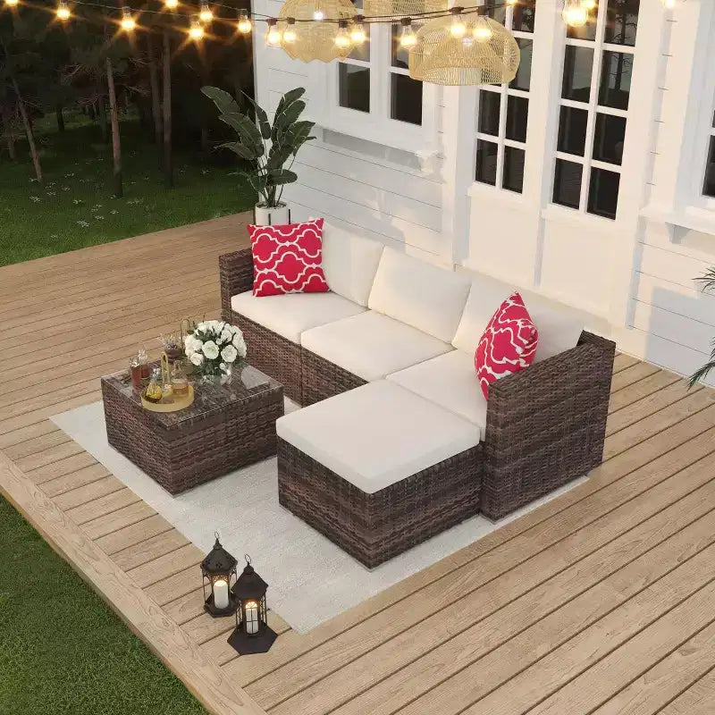 Ensemble de mobilier de patio 5 pièces, canapé d'angle en osier tout temps avec coussins antidérapants, ensemble de canapé d'extérieur en rotin avec pouf.