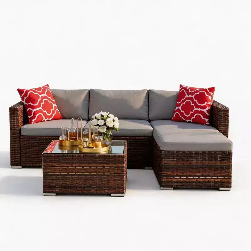 Ensemble de mobilier de patio 5 pièces, canapé d'angle en osier tout temps avec coussins antidérapants, ensemble de canapé d'extérieur en rotin avec pouf.