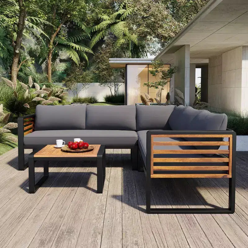 Ensemble de conversation de patio 4 pièces, canapé d'angle en forme de L avec coussins, salon de jardin avec table basse pour jardin ou terrasse-Panipeachy
