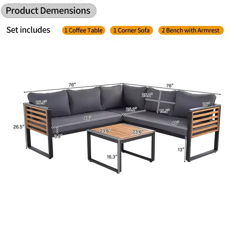 Ensemble de conversation de patio 4 pièces, canapé d'angle en forme de L avec coussins, salon de jardin avec table basse pour jardin ou terrasse-Panipeachy