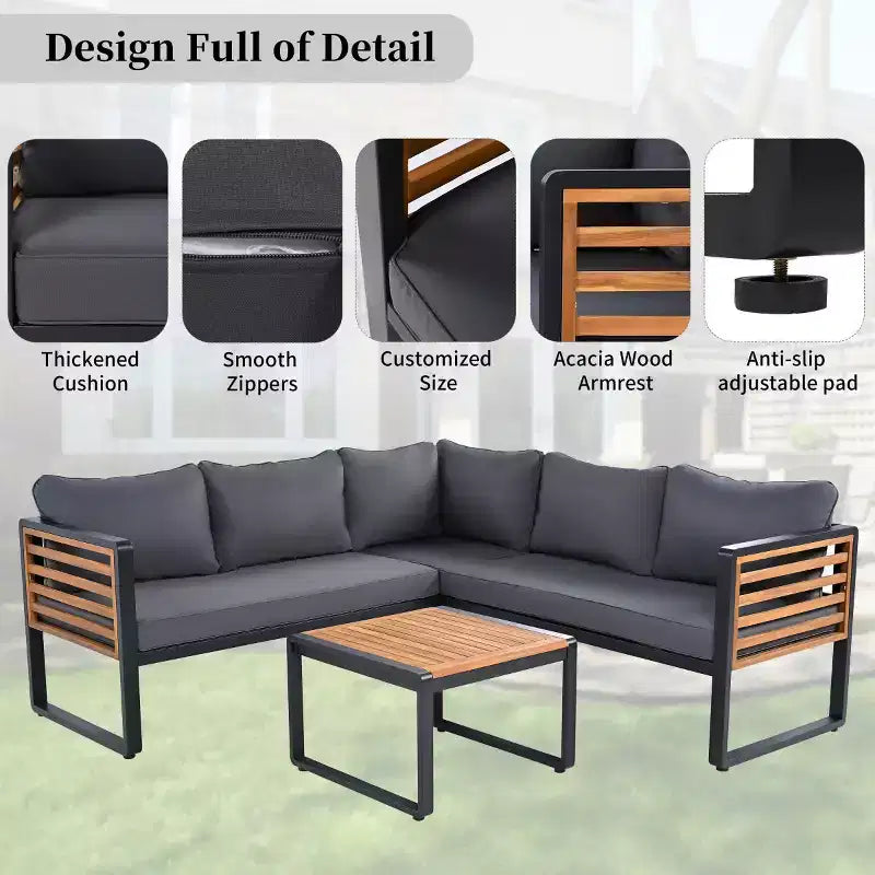 Ensemble de conversation de patio 4 pièces, canapé d'angle en forme de L avec coussins, salon de jardin avec table basse pour jardin ou terrasse-Panipeachy