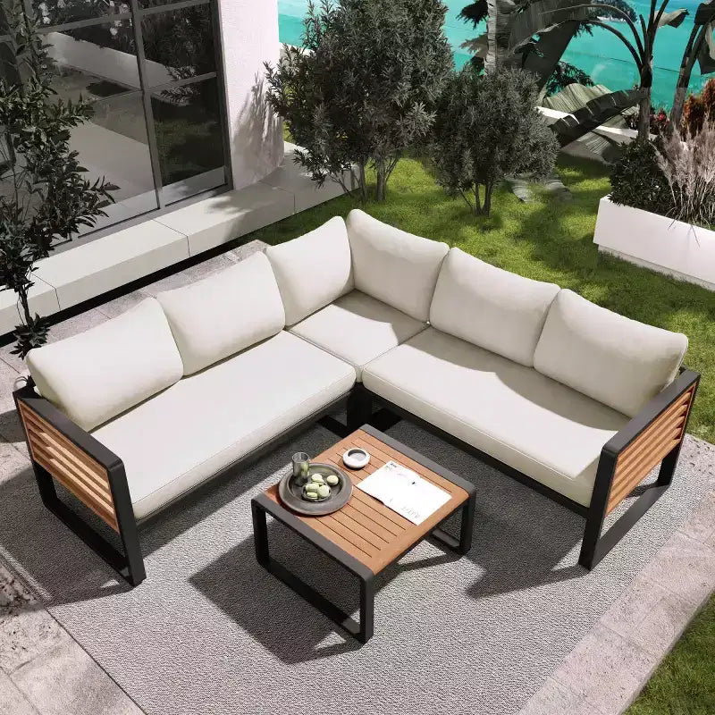 Ensemble de conversation de patio 4 pièces, canapé d'angle en forme de L avec coussins, salon de jardin avec table basse pour jardin ou terrasse-Panipeachy