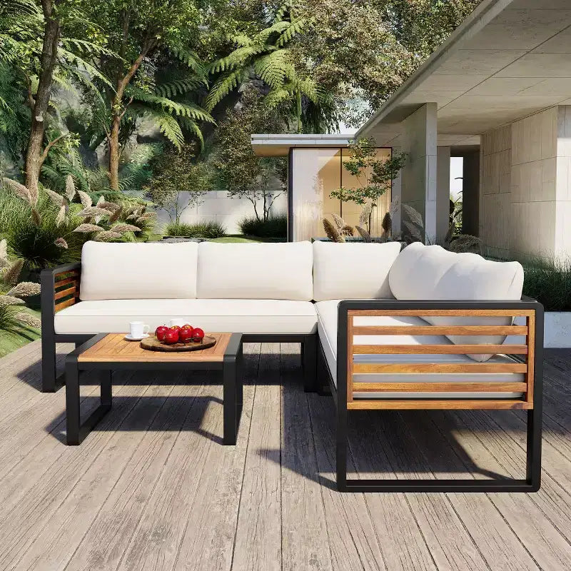 Ensemble de conversation de patio 4 pièces, canapé d'angle en forme de L avec coussins, salon de jardin avec table basse pour jardin ou terrasse-Panipeachy