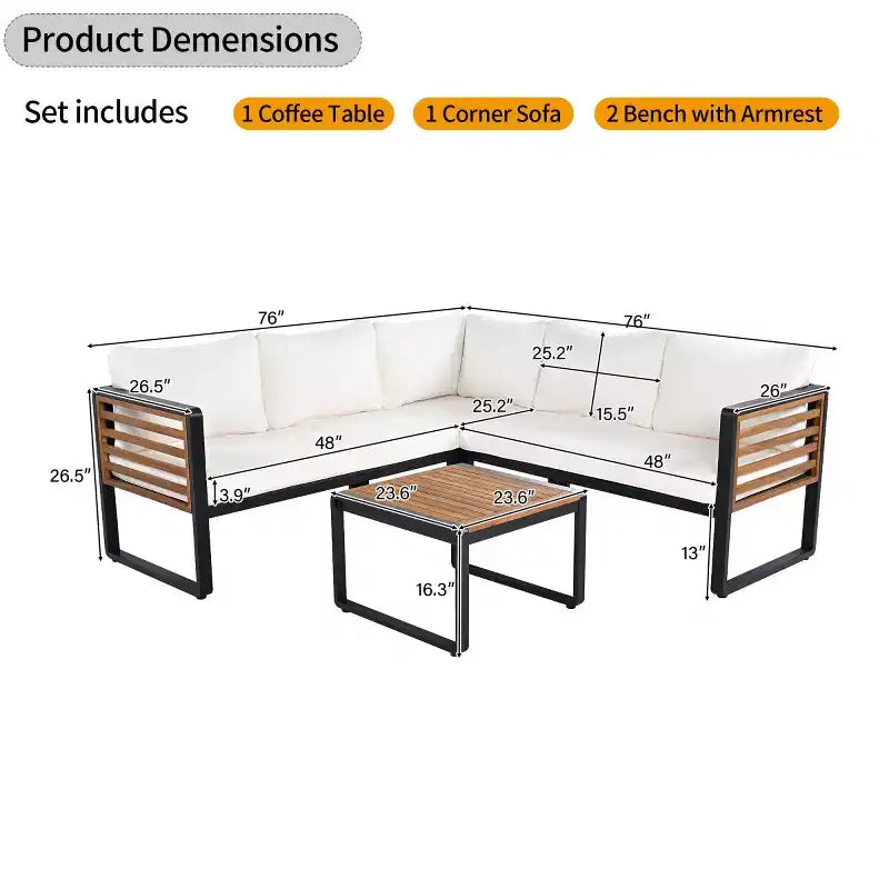 Ensemble de conversation de patio 4 pièces, canapé d'angle en forme de L avec coussins, salon de jardin avec table basse pour jardin ou terrasse-Panipeachy