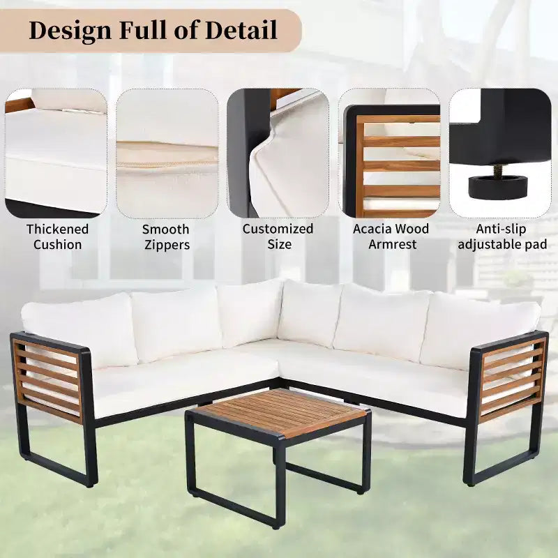 Ensemble de conversation de patio 4 pièces, canapé d'angle en forme de L avec coussins, salon de jardin avec table basse pour jardin ou terrasse-Panipeachy
