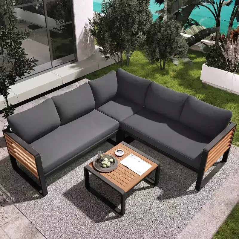 Ensemble de conversation de patio 4 pièces, canapé d'angle en forme de L avec coussins, salon de jardin avec table basse pour jardin ou terrasse-Panipeachy