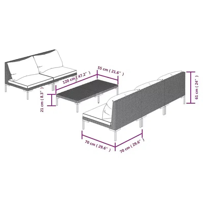 vidaXL Salon de jardin 6 pièces en acier enduit de poudre Gris foncé