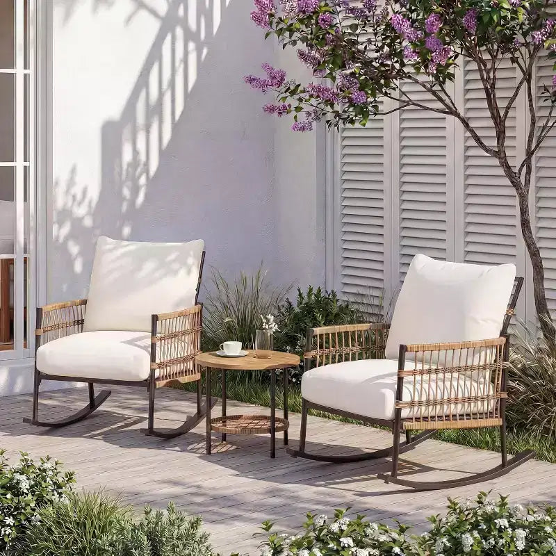 LAUSAINT HOME Ensemble de 3 Fauteuils à Bascule de Jardin, Meubles d'Extérieur en Résine Tressée avec Coussins Épais