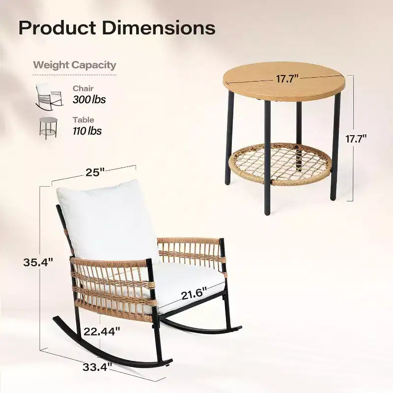 LAUSAINT HOME Ensemble de 3 Fauteuils à Bascule de Jardin, Meubles d'Extérieur en Résine Tressée avec Coussins Épais