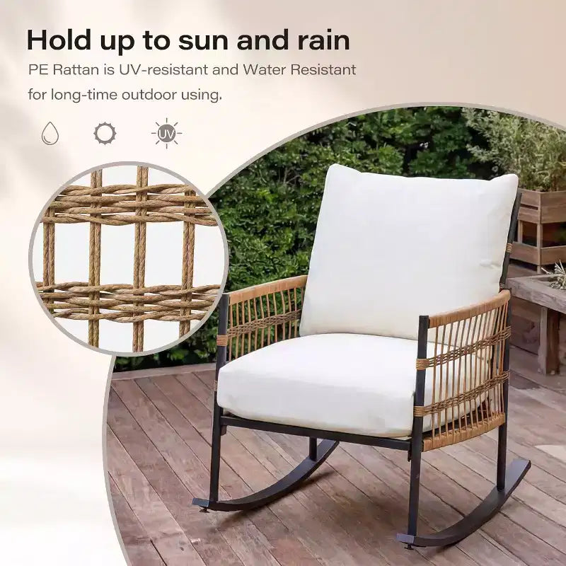LAUSAINT HOME Ensemble de 3 Fauteuils à Bascule de Jardin, Meubles d'Extérieur en Résine Tressée avec Coussins Épais