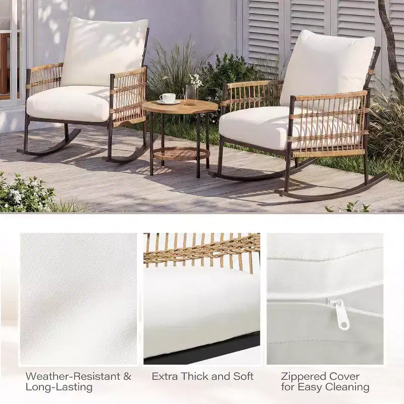 LAUSAINT HOME Ensemble de 3 Fauteuils à Bascule de Jardin, Meubles d'Extérieur en Résine Tressée avec Coussins Épais