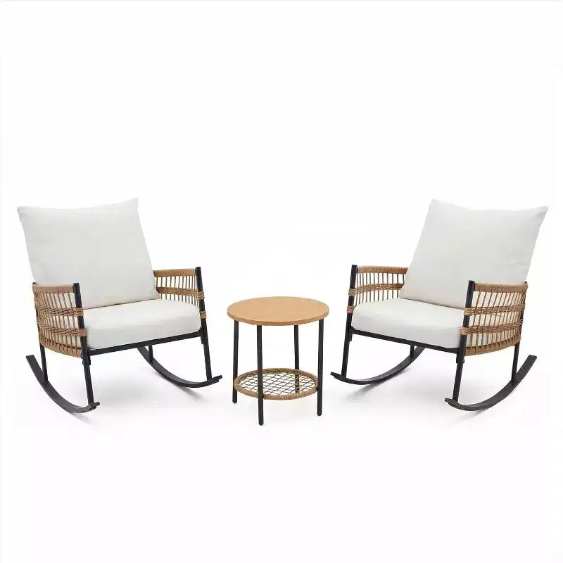 LAUSAINT HOME Ensemble de 3 Fauteuils à Bascule de Jardin, Meubles d'Extérieur en Résine Tressée avec Coussins Épais