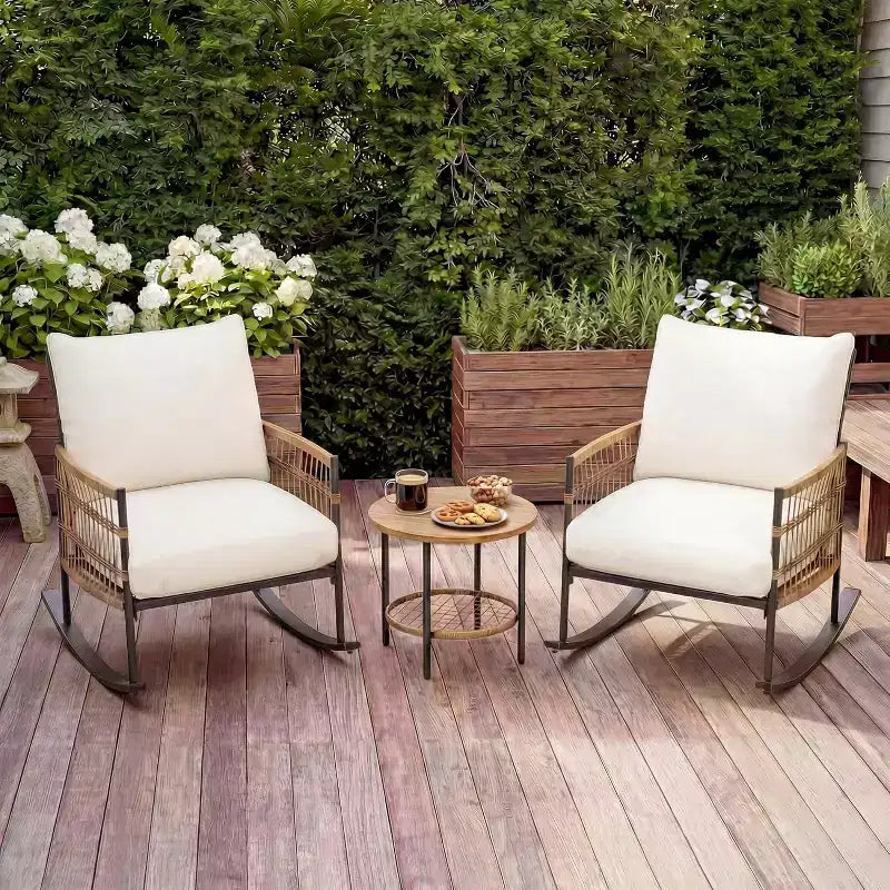 LAUSAINT HOME Ensemble de 3 Fauteuils à Bascule de Jardin, Meubles d'Extérieur en Résine Tressée avec Coussins Épais