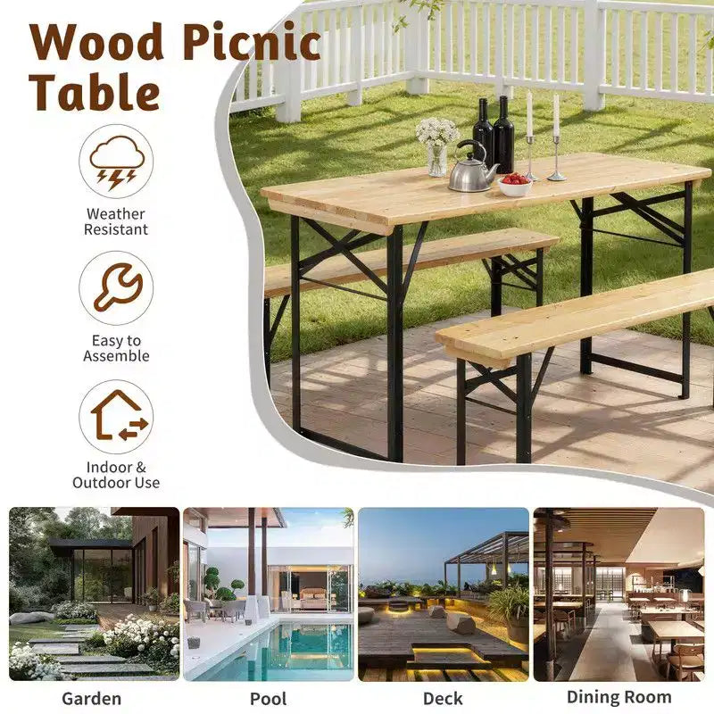 Table de pique-nique rectangulaire en bois Karl Home avec bancs 4 personnes