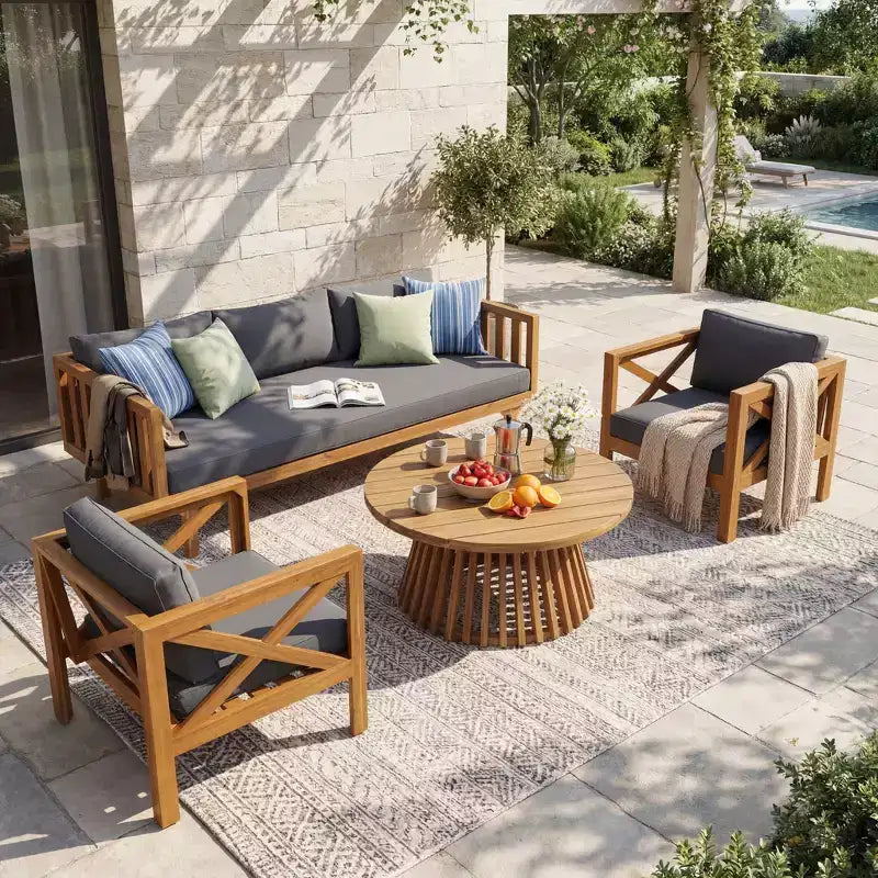 Christopher Knight Home Claremont Ensemble de conversation 4 pièces en bois d'acacia moderne pour patio avec coussins