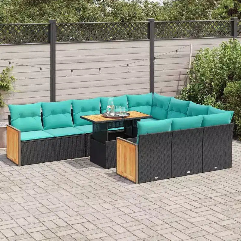 vidaXL Salon de jardin 11 pcs avec coussins Noir Résine tressée Acacia