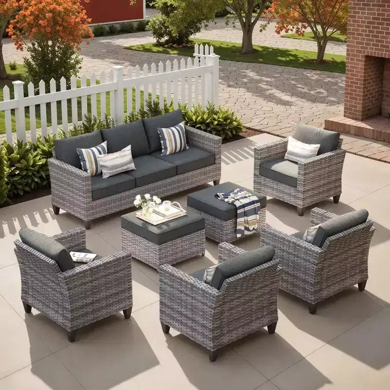 Ensemble de salon de jardin HOMLUX en rotin 7 pièces avec canapé, poufs et fauteuils