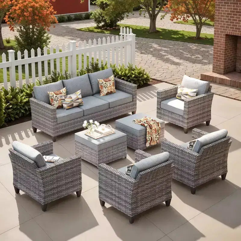 Ensemble de salon de jardin HOMLUX en rotin 7 pièces avec canapé, poufs et fauteuils