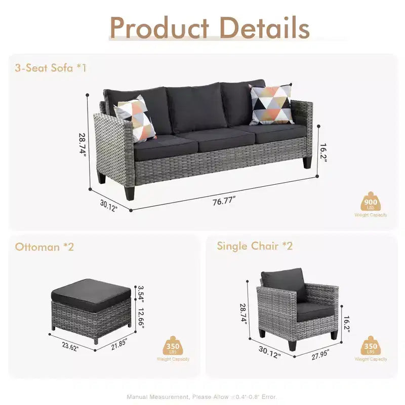 Ensemble de mobilier de patio extérieur 5 pièces HOMLUX : canapé 3 places + 2 fauteuils + 2 poufs