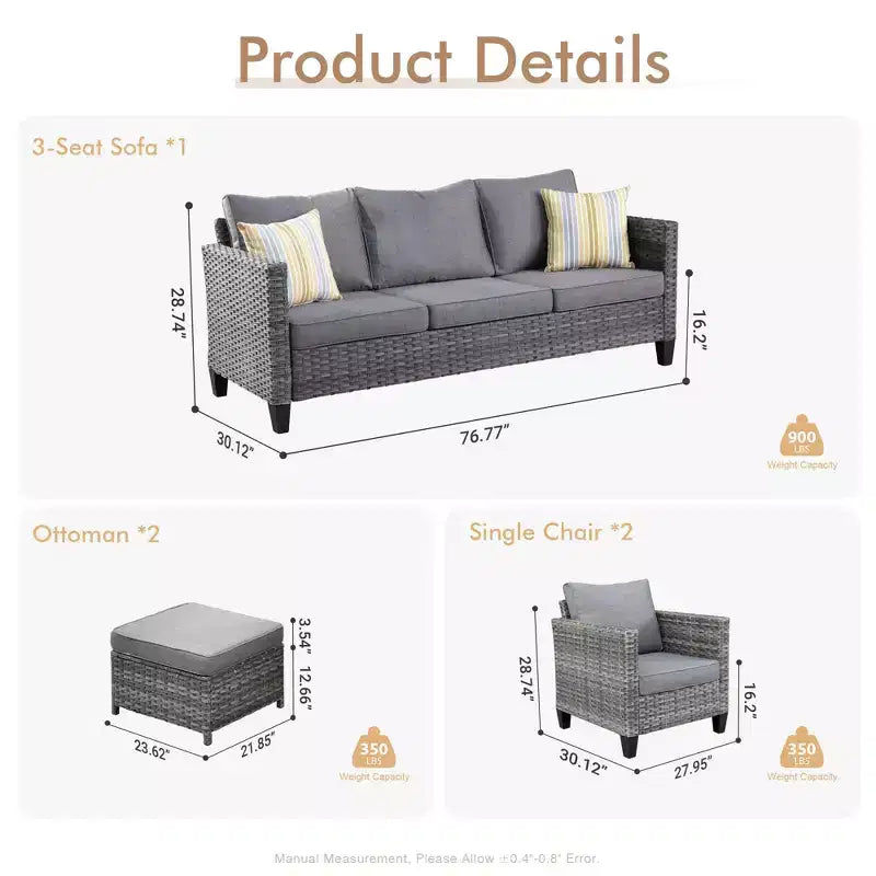 Ensemble de mobilier de patio extérieur 5 pièces HOMLUX : canapé 3 places + 2 fauteuils + 2 poufs