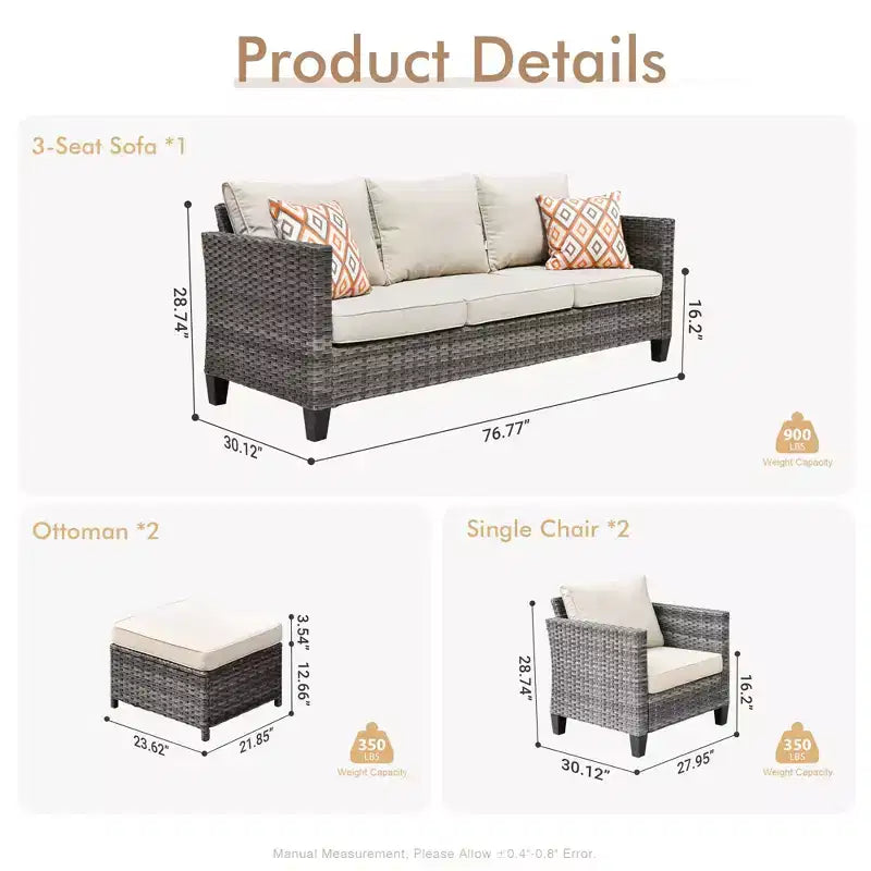 Ensemble de mobilier de patio extérieur 5 pièces HOMLUX : canapé 3 places + 2 fauteuils + 2 poufs