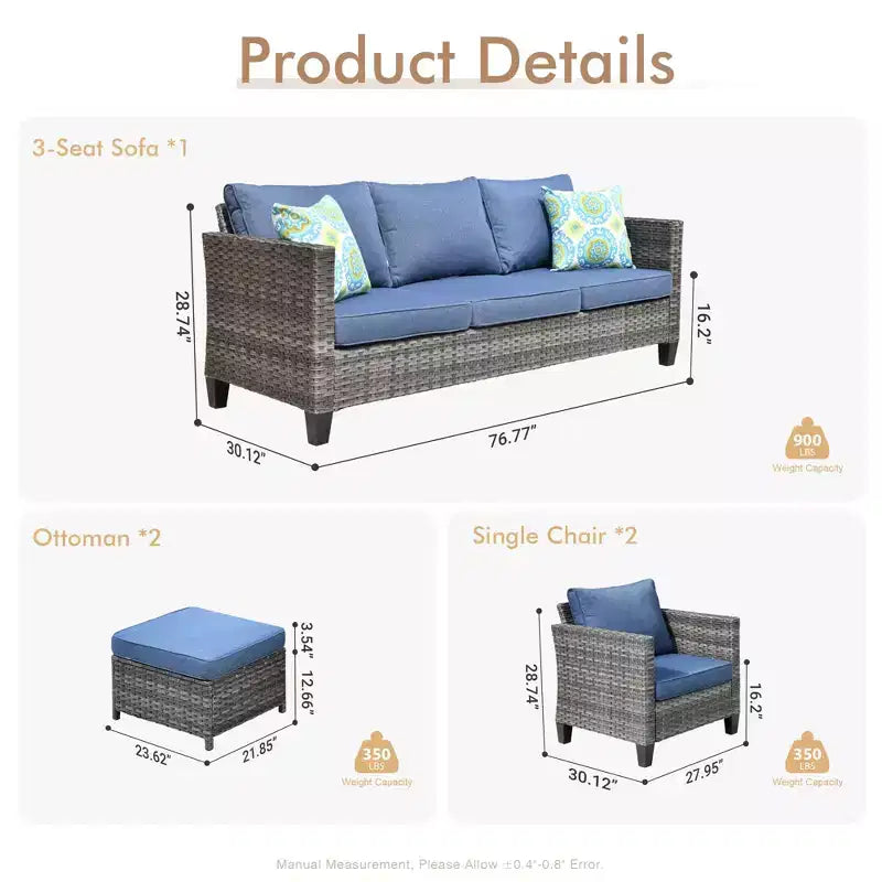 Ensemble de mobilier de patio extérieur 5 pièces HOMLUX : canapé 3 places + 2 fauteuils + 2 poufs
