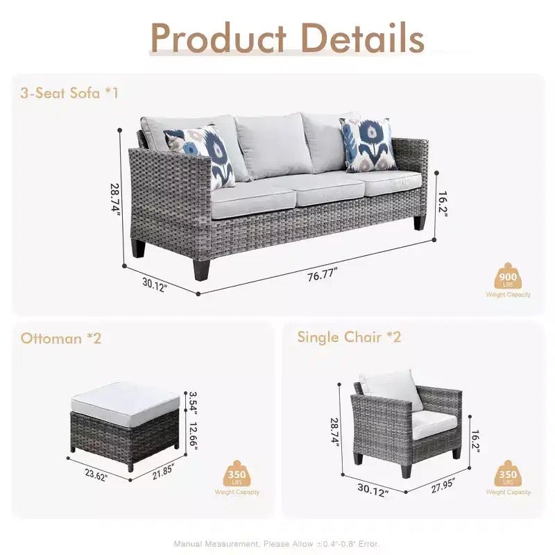 Ensemble de mobilier de patio extérieur 5 pièces HOMLUX : canapé 3 places + 2 fauteuils + 2 poufs