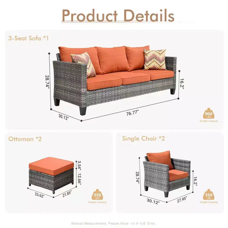 Ensemble de mobilier de patio extérieur 5 pièces HOMLUX : canapé 3 places + 2 fauteuils + 2 poufs