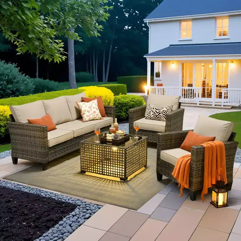 Ensemble de canapé d'extérieur 4 pièces HOMLUX avec 1 canapé 3 places, 2 fauteuils individuels et 1 table basse LED, rotin PE gris
