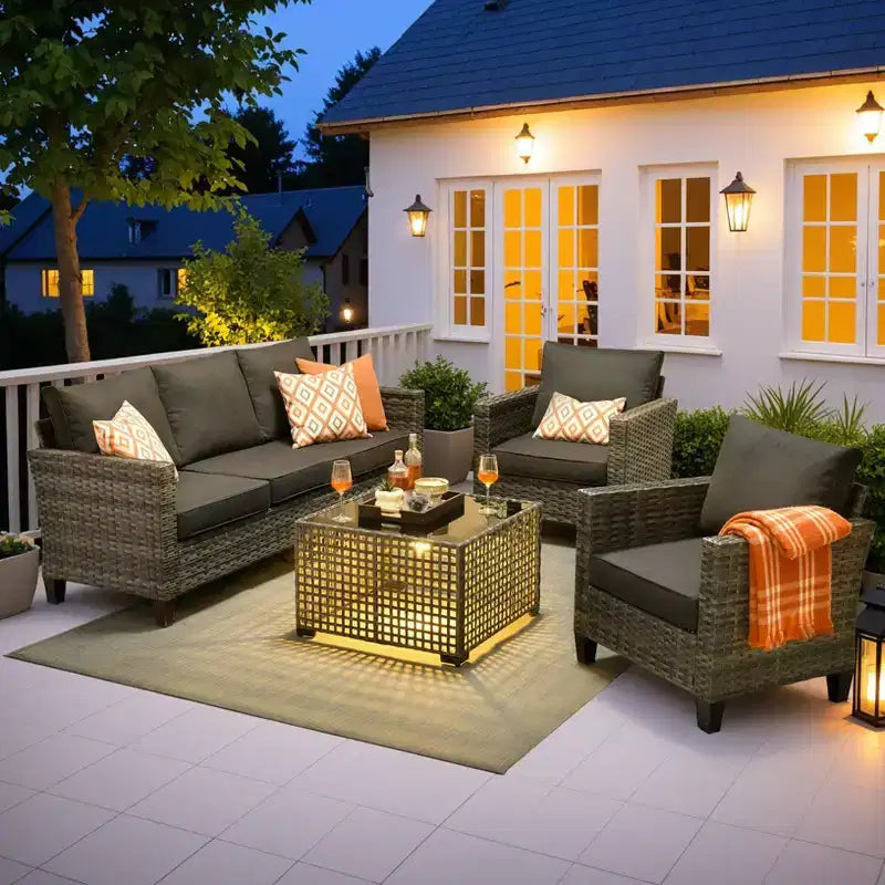 Ensemble de canapé d'extérieur 4 pièces HOMLUX avec 1 canapé 3 places, 2 fauteuils individuels et 1 table basse LED, rotin PE gris