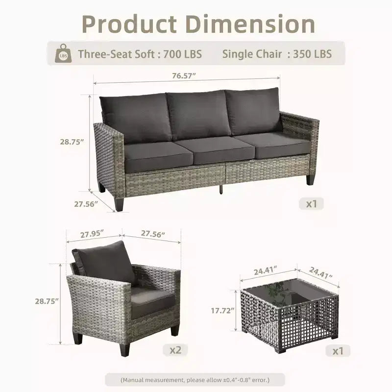 Ensemble de canapé d'extérieur 4 pièces HOMLUX avec 1 canapé 3 places, 2 fauteuils individuels et 1 table basse LED, rotin PE gris