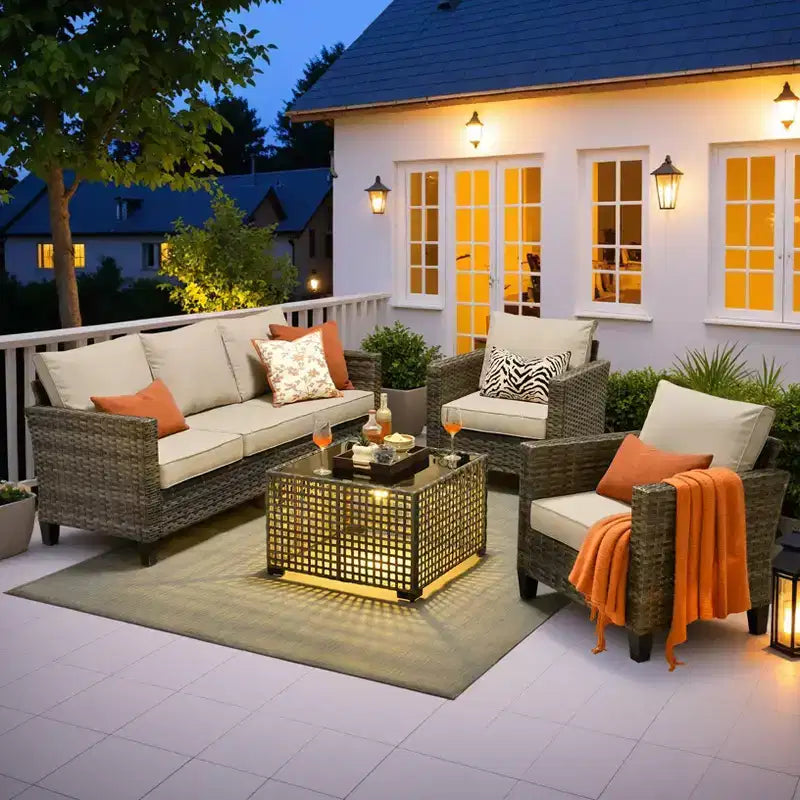 Ensemble de canapé d'extérieur 4 pièces HOMLUX avec 1 canapé 3 places, 2 fauteuils individuels et 1 table basse LED, rotin PE gris