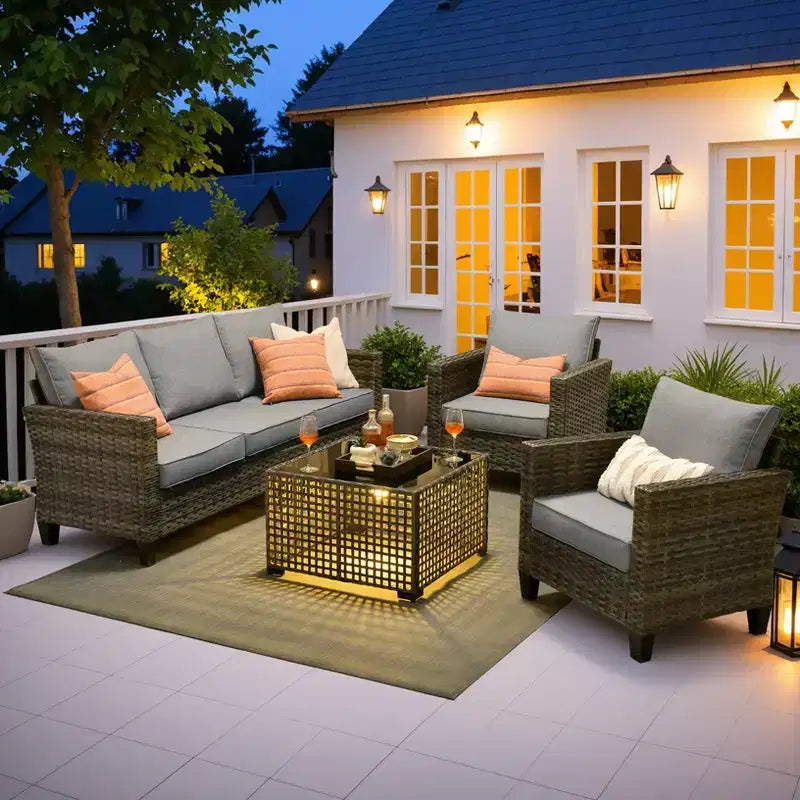 Ensemble de canapé d'extérieur 4 pièces HOMLUX avec 1 canapé 3 places, 2 fauteuils individuels et 1 table basse LED, rotin PE gris